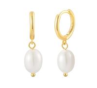Stfery Pendientes de aro de oro de 9/14/18 quilates para mujer, 6 x 8 mm, perla de oro real, Unique, Metal, Perla