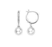 Stfery Pendientes de gota de oro blanco de 9 quilates, 14 quilates y 18 quilates, perlas colgantes de 8,5 a 9 mm, aretes de aro de oro real para mujer, Unique, Metal, Perla Diamante