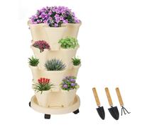 Sthrucrack Jardinera apilable, jardín Vertical de Torre, Juego de jardineras Verticales para Fresas, Hierbas y Flores (Beige, 4 Niveles)