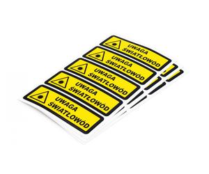 Sticker 25x100mm with a warning triangle and the text "Caution Fiber Optic," 20 pieces (4 sheets of 5 pieces each)