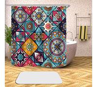 Sticker Superb Cortina de Ducha Impermeable con 12 Ganchos, Patrón de Flores Mandala Bohemio 3D Azul Blanco Verde, Cortina de Ducha de Poliéster Cortina de Ducha de Moho (Multicolor 5,220x240 cm)