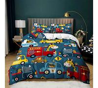 Sticker Superb. Juego de Cama Boy Truck Amarillo Gris Azul Funda Nórdica Microfibra Animal Coche Camiones Tractor Patrón Ropa de Cama para Niños con Funda de Almohada (Color 1, 150x210 cm,Cama 90 cm)