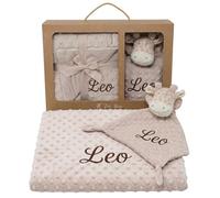 SticTag Pack Manta Bebé + Doudou Cabeza Jirafa Crochet - Mantita Topitos Beige 110x80 cm - Regalo Recién Nacido Niño o Niña - Ideal Baby Shower, Bautizo, Canastilla y Personalizar Bordado (Beige)