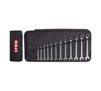 STIER Juego de llaves combinadas SW, tamaños 8 - 19 mm, 12 piezas, incluye llave combinada en práctica bolsa enrollable, llaves de anillo resistentes y llaves combinadas para trabajos profesionales
