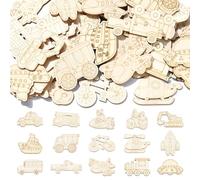 Stiesy 100 piezas de recortes de madera sin terminar con temática de transporte, para coche, autobús, motocicleta, cohete, helicóptero, grúa, raspador, nave, avión, camión, en blanco, suministros de