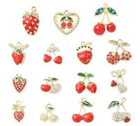 Stiesy 28 colgantes de frutas rojas para hacer joyas, esmaltados, fresas, cerezas, cristales de diamantes de imitación a granel para joyería, pulseras, manualidades (14 estilos)