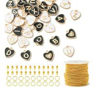 Stiesy 52 dijes de letras para hacer joyas, dijes esmaltados del alfabeto inicial A-Z, a granel, negro, blanco, con cadena de bolas de latón para manualidades, pulseras, collares