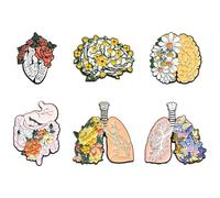 Stiesy Juego de 6 broches de solapa de órgano humano con flor esmaltada, diseño de corazón, cerebro, para Halloween, insignias novedosas, para sombreros, ropa, bolsos, joyas, manualidades, para