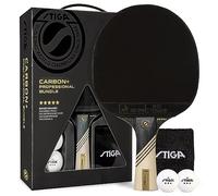 STIGA Carbon+ Bundle Ping Pong Paddle Set - 7 Capas Extra Ligero Fibra de Carbono Hoja - 2 mm Premium Esponja - Mango cóncavo Pro - 2 Pelotas de Torneo 3 Estrellas - Funda de Neopreno - Pulsera para