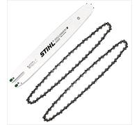 STIHL Riel guía Rollomatic E Mini 35 cm 1,1 mm 3/8 pulgadas 7 dientes (3005 000 3909) + 2 cadenas de sierra Stihl Oilomatic Picco Micro Mini 3 (PMM3) semicincel 3/8' P 1,1 mm 35 cm (3610 000 0050)