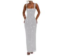 Stillluxury Vestido de meramida de lentejuelas brillantes para mujer, cuello cuadrado, espalda descubierta, formal, fiesta de noche, club, Blanco Plateado, 46