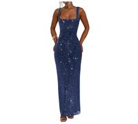 Stillluxury Vestido de meramida de lentejuelas brillantes para mujer, cuello cuadrado, espalda descubierta, formal, fiesta de noche, club, azul marino, 34