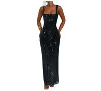 Stillluxury Vestido de meramida de lentejuelas brillantes para mujer, cuello cuadrado, espalda descubierta, formal, fiesta de noche, club, Negro, 36