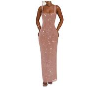 Stillluxury Vestido de meramida de lentejuelas brillantes para mujer, cuello cuadrado, espalda descubierta, formal, fiesta de noche, club, Rosa Polvoriento, 44