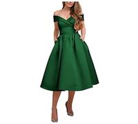 Stillluxury Vestido formal de satén con hombros descubiertos para mujer, vestido de noche con bolsillos, HC56A, Verde esmeralda., 42
