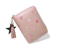 StillvollMao - Monedero de piel sintética, monedero pequeño para mujer, tarjetero, tarjeta de crédito, tarjeta de identificación con patrones bordados de corazón y bonito colgante, Rosado, Bonito