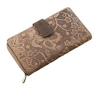 STILORD 'Greta' Monedero o Cartera de Piel para Mujer para Tarjetas Pasaporte Billetes Billetero y Portamonedas Retro o Vintage de Flores y auténtico Cuero Color:Sepia - marrón