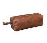 STILORD “Linus” Estuche Escolar para lápices de Piel Bolsa o portatodo para Maquillaje Colegio o Viaje Cartuchera Cuadrada de Genuino Cuero Vintage Color:Cognac marrón Oscuro