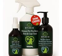 Stimio Kit Cuidado Perro contra picor (3 Piezas): Champú Piel Sensible 250 ml + Spray Anti-picor 250 ml + Tónico Piel y Pelaje 1000 ml XL - probiótico, pH Suave, Apto también para Cachorros