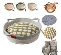 Stimulicat Cat Bed, Handwoven Cotton Rope Cat Basket with Built-in Teasing Ball, Scratchable & Breathable Round Sleeping Nest, Easy-to-Clean Pet Nest for Small Large Cats Dog (Gray+Pad B,Medium)