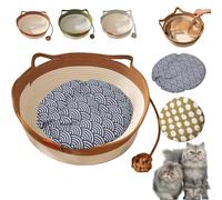 Stimulicat Cat Bed, Handwoven Cotton Rope Cat Basket with Built-in Teasing Ball, Scratchable & Breathable Round Sleeping Nest, Easy-to-Clean Pet Nest for Small Large Cats Dog (Brown+Pad A,Small)