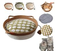 Stimulicat Cat Bed, Handwoven Cotton Rope Cat Basket with Built-in Teasing Ball, Scratchable & Breathable Round Sleeping Nest, Easy-to-Clean Pet Nest for Small Large Cats Dog (Brown+Pad B,Small)