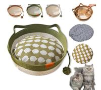 Stimulicat Cat Bed, Handwoven Cotton Rope Cat Basket with Built-in Teasing Ball, Scratchable & Breathable Round Sleeping Nest, Easy-to-Clean Pet Nest for Small Large Cats Dog (Green+Pad B,Small)