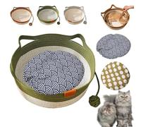 Stimulicat Cat Bed, Handwoven Cotton Rope Cat Basket with Built-in Teasing Ball, Scratchable & Breathable Round Sleeping Nest, Easy-to-Clean Pet Nest for Small Large Cats Dog (Green+Pad A,Large)