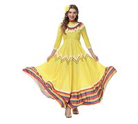STIOEDYUAN Disfraz de México para mujer, Halloween, tradicional senorita, danza folclórica, estilo del Cinco de Mayo, con flores, tocado (color amarillo, talla S)