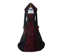 STIOEDYUAN Vestido de bruja gótica victoriana con capucha para mujer, disfraz de hechicera vampiro, disfraz de Halloween, cosplay, vestido de baile renacentista vintage (negro + rojo, talla 2XL)