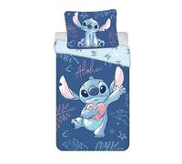 Stitch Aloha Funda Nórdica Cama 90 140x200 + Funda Almohada Algodón Azul | Ropa de cama reversible individual | Saludo hawaiano con el corazón en la mano | Disney Lilo & Stitch oficial