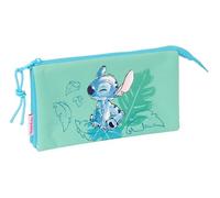 Stitch Aloha - Portatodo Triple, Estuche Infantil, Estuche Niño, Ideal para Niños en Edad Escolar, Cómodo y Versátil, Calidad y Resistencia, 22x3x12 cm, Color Turquesa