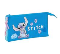 Stitch Hawaii - Portatodo Triple, Estuche Infantil, Estuche Niño, Ideal para Niños en Edad Escolar, Cómodo y Versátil, Calidad y Resistencia, 22x3x12 cm, Color Azul
