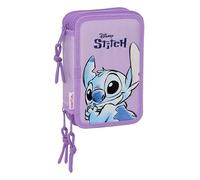 Disney Stitch Morado Estuche 3 Zips Completo 37p Accesorios Lápices De Colores