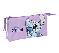 Stitch Sweet - Portatodo Triple, Estuche Infantil, Estuche Niño, Ideal para Niños en Edad Escolar, Cómodo y Versátil, Calidad y Resistencia, 22x3x12 cm, Color Azul/Lila