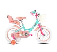 STITCH Unicornio Bicicleta infantil de 14 pulgadas para niñas de 3 a 5 años, bicicleta infantil con asiento de bicicleta para muñecas y ruedas estabilizadoras y cesta, verde
