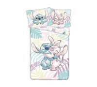 Stitch y Angel Hojas Funda Nórdica Cama 90 140x200 + Funda Almohada 70x90 | Ropa de cama reversible | Algodón natural transpirable Oeko-Tex | Disney Lilo & Stitch | Adolescente | Regalo | Idea regalo