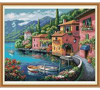 Stitchmelody Kit de Punto de Cruz 14CT, Conjunto de Bordado con Patrón Sin Imprimir, Hilos DMC - Casa Colorida junto al Agua 52cm×44cm