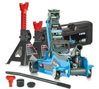 STIX Gato hidráulico 2,5T con caballete de apoyo 3T - Robusto juego de gato hidráulico con ajuste de altura, mín. 85 mm, máx. 365 mm, bolsa de transporte incluida