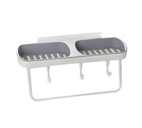 STOBAZA Jabonera de Pared sin Taladro Doble Compartimento Grande con Drenaje Gancho para Baño Color Gris Escurridor de Jabón para Muebles de Baño y Ducha