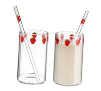 STOBAZA Juego De 2 Vasos Reutilizables De Vidrio Estampado De Fresa y Tapa, Ideales para Café, Té y Leche En Uso Diario