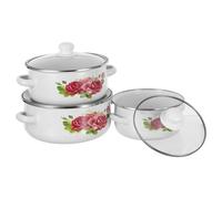 STOBAZA Juego de Ollas Esmaltadas para Caldo 3 Piezas 16-18-20 CM con Asas Dobles y Base Plana Olla Profunda de Esmalte Blanca con Diseño Floral Retro para Cocina Hogar e Inducción