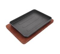 STOBAZA Placa de Hierro Fundido para Parrilla Antiadherente con Base de Madera Bandeja Rectangular para Asar y Servir Steak Barbacoa Fácil Limpieza y Almacenaje