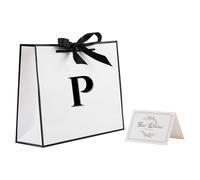 STOBOCTER Bolsa de regalo con inicial con cinta de lazo y tarjeta para mujeres y hombres, bolsa de regalo grande de papel blanco y negro, bolsa de papel de carta personalizada para cumpleaños,