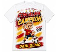 Stock Futbol Camiseta Blanca Selección Española 2026 Muñeco Funky Dani Olmo, Frase con Alma de campeón, Diseño Fútbol Rojo y Amarillo para Afición España - Talla XXL