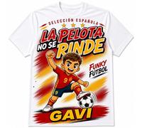 Stock Futbol Camiseta Blanca Selección Española 2026 Muñeco Funky GAVI, Frase La Pelota no se rinde, Diseño Fútbol Rojo y Amarillo para Afición España - Talla M