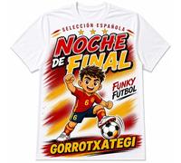 Stock Futbol Camiseta Blanca Selección Española 2026 Muñeco Funky Gorrotxategi, Frase Noche de Final, Diseño Fútbol Rojo y Amarillo para Afición España - Talla S