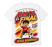 Stock Futbol Camiseta Blanca Selección Española 2026 Muñeco Funky Jesús Rodríguez, Frase hasta el Final, Diseño Fútbol Rojo y Amarillo para Afición España - Talla S