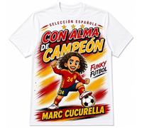 Stock Futbol Camiseta Blanca Selección Española 2026 Muñeco Funky Marc Cucurella, Frase con Alma de campeón, Diseño Fútbol Rojo y Amarillo para Afición España - Talla L
