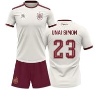 Stock Futbol Kit España Mundial 2026-2028 | Réplica Camiseta y pantalón | Unai Simon 23 | Color Blanco y Granate | Conjunto fútbol para Adulto y niño